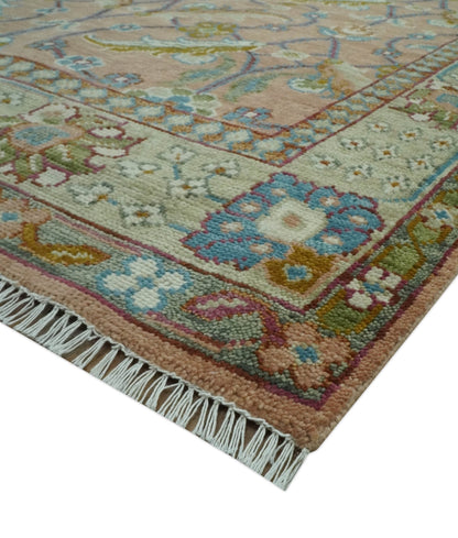 Traditional Floral Peach and Green Hand Knotted Custom Made wool area rug.