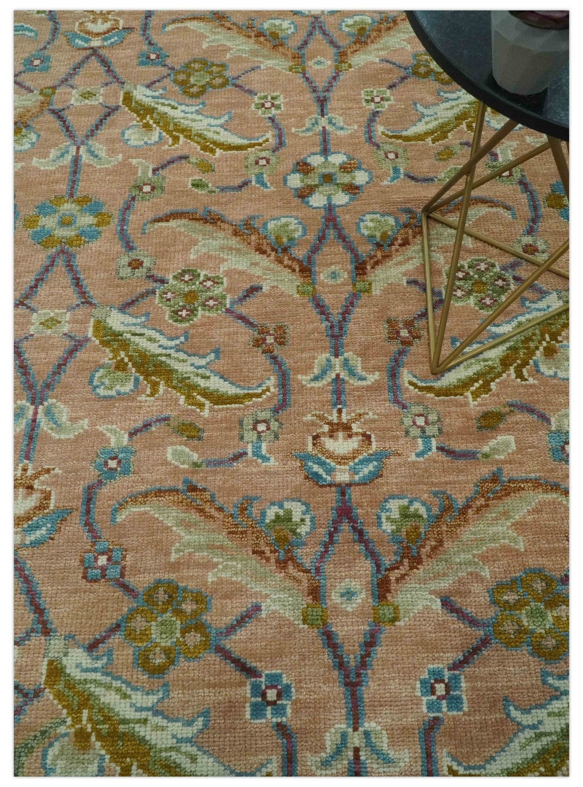 Traditional Floral Peach and Green Hand Knotted Custom Made wool area rug.