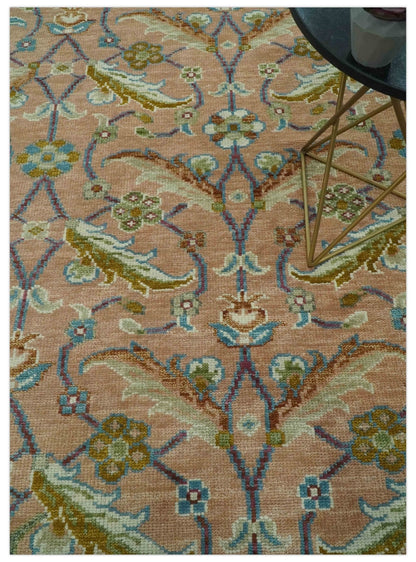 Traditional Floral Peach and Green Hand Knotted Custom Made wool area rug.