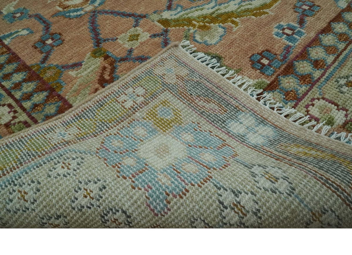 Traditional Floral Peach and Green Hand Knotted Custom Made wool area rug.