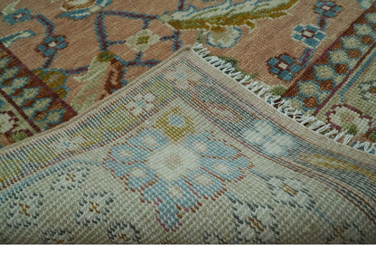 Traditional Floral Peach and Green Hand Knotted Custom Made wool area rug.