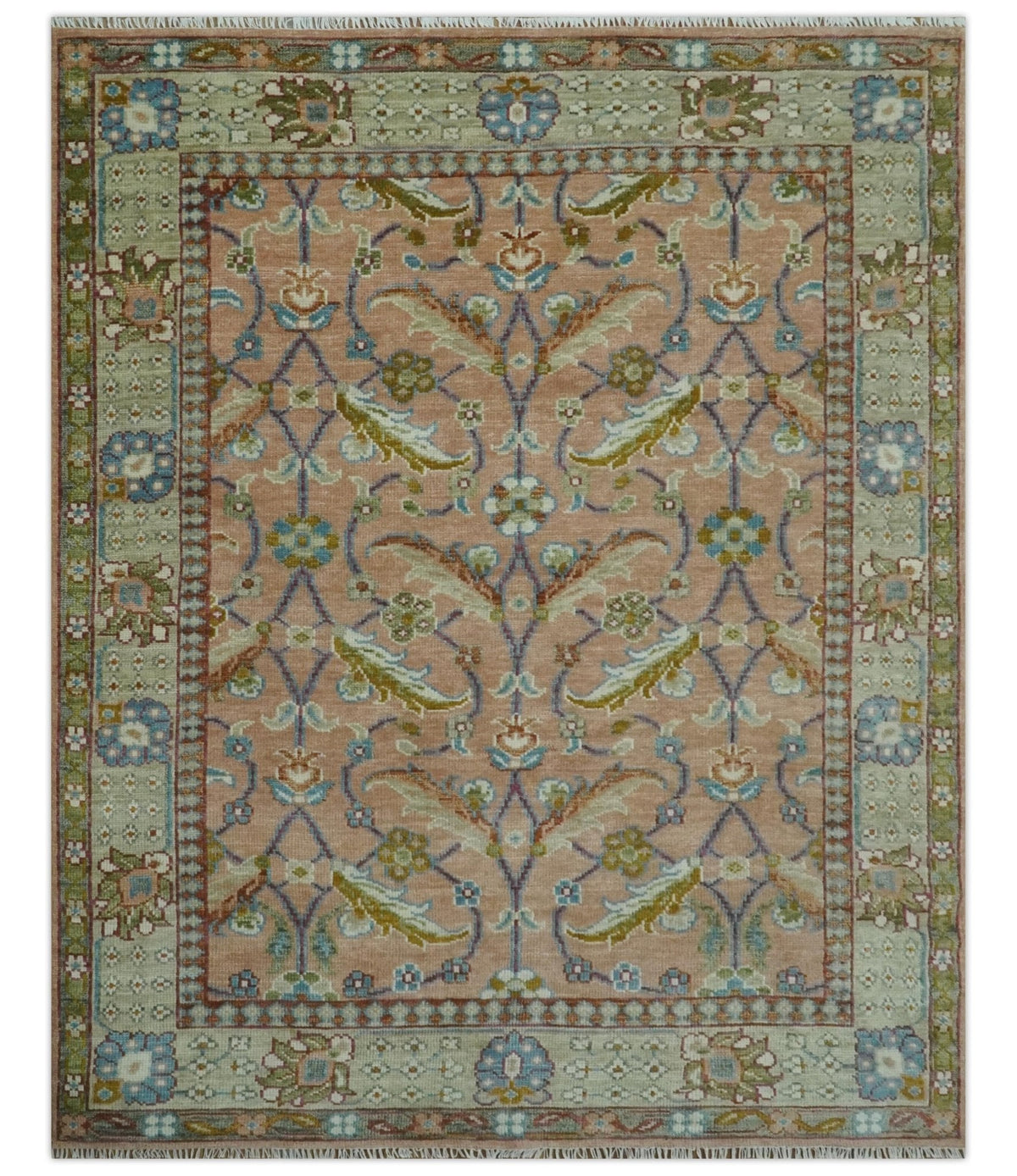 Traditional Floral Peach and Green Hand Knotted Custom Made wool area rug.