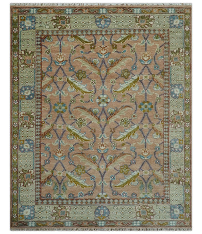 Traditional Floral Peach and Green Hand Knotted Custom Made wool area rug.