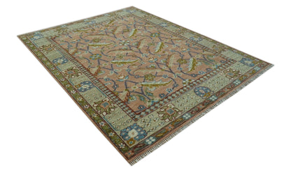 Traditional Floral Peach and Green Hand Knotted Custom Made wool area rug.