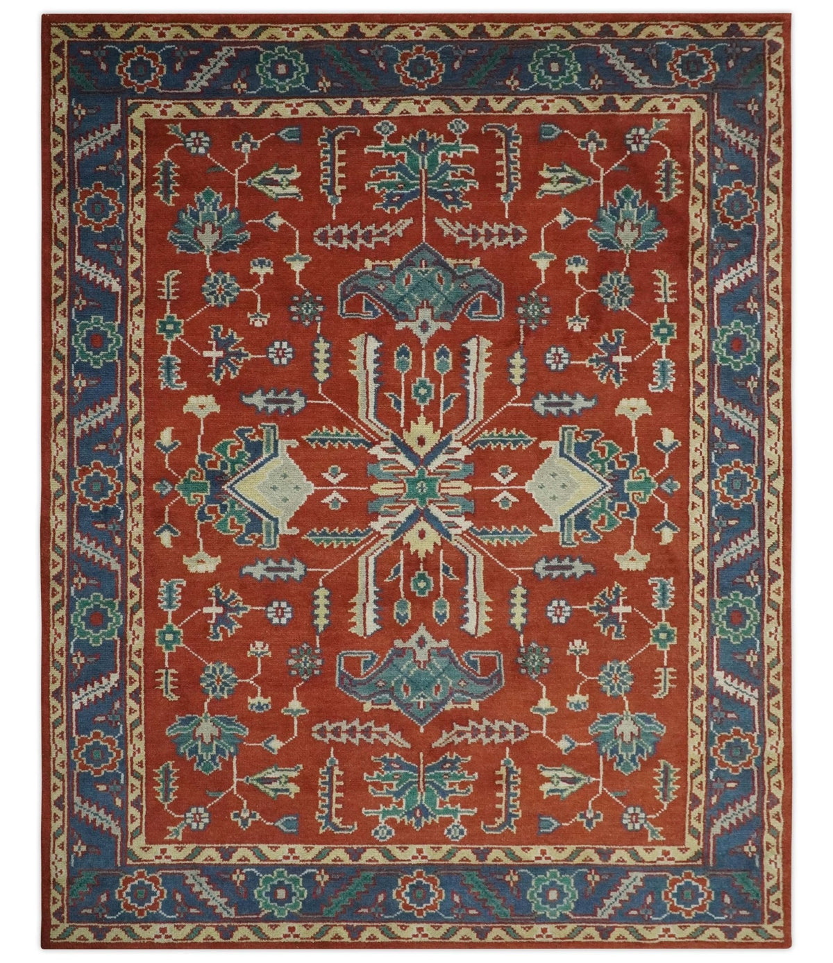 Traditional Floral Red, Blue, Beige and Green Hand Knotted Medallion Custom Made wool Area Rug.