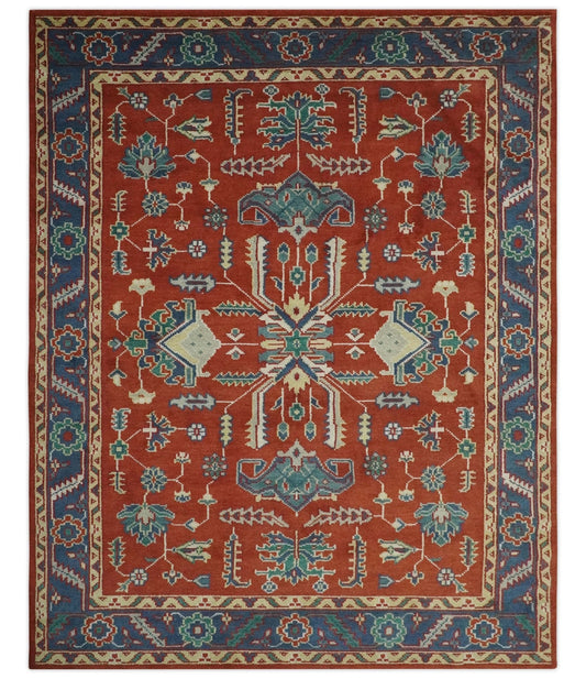 Traditional Floral Red, Blue, Beige and Green Hand Knotted Medallion Custom Made wool Area Rug.
