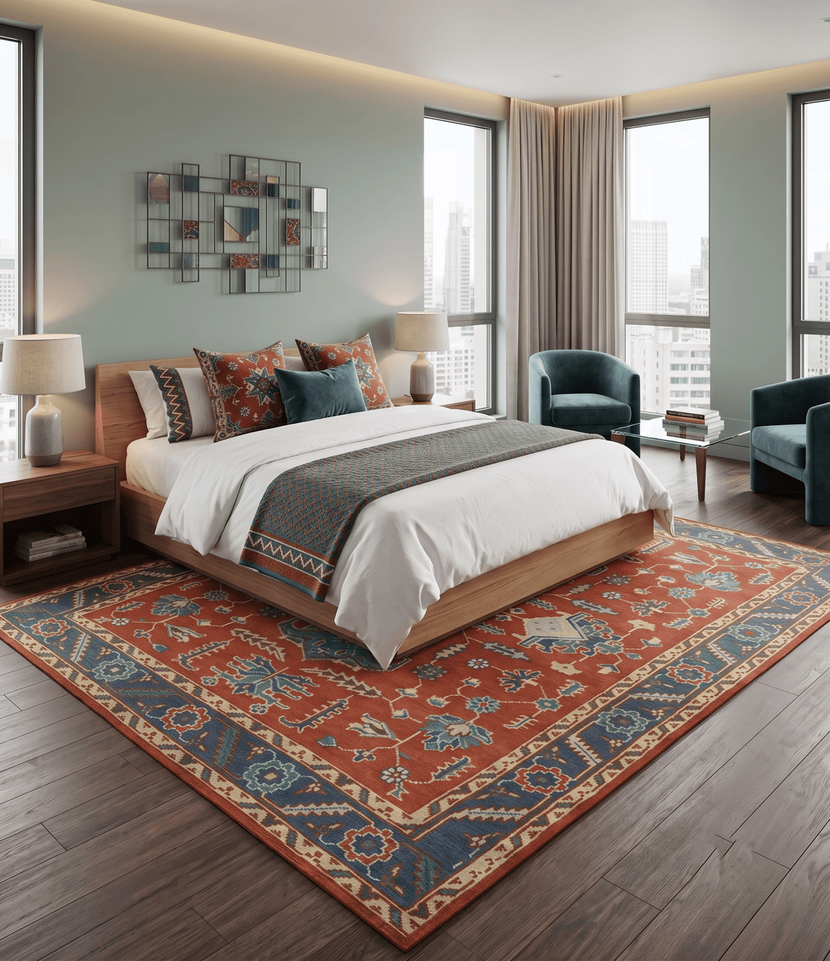 Traditional Floral Red, Blue, Beige and Green Hand Knotted Medallion Custom Made wool Area Rug.