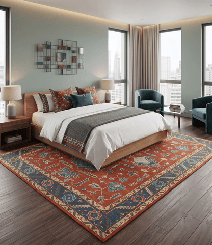 Traditional Floral Red, Blue, Beige and Green Hand Knotted Medallion Custom Made wool Area Rug.