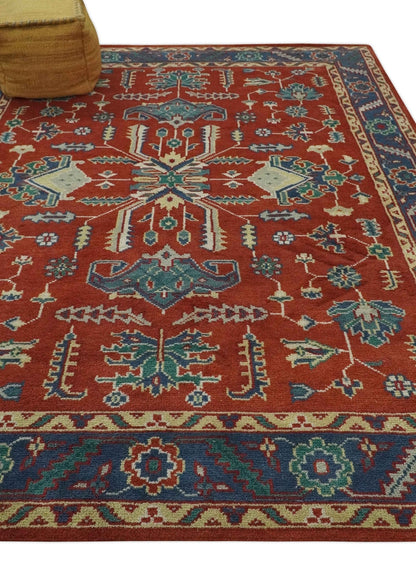 Traditional Floral Red, Blue, Beige and Green Hand Knotted Medallion Custom Made wool Area Rug.
