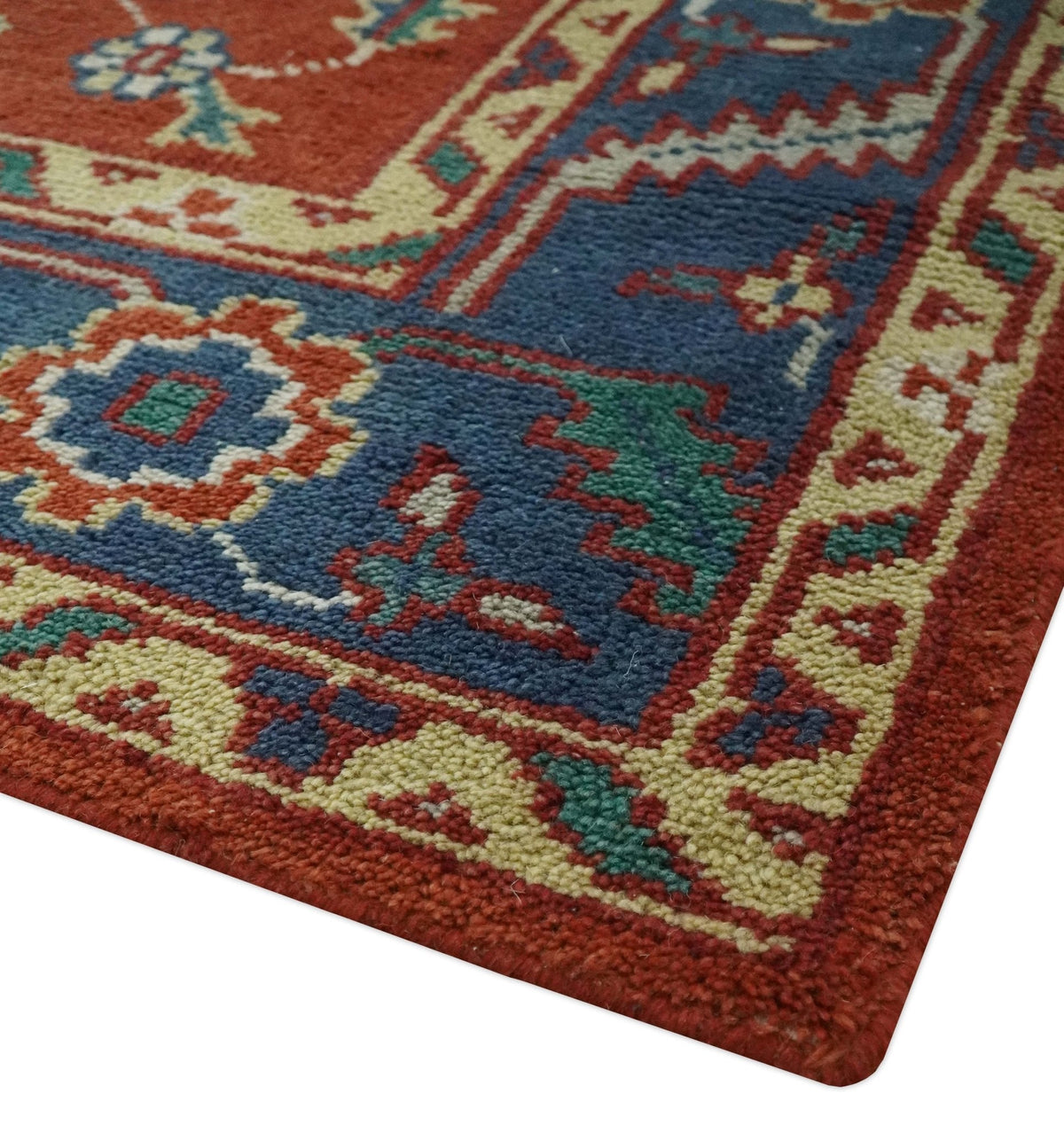 Traditional Floral Red, Blue, Beige and Green Hand Knotted Medallion Custom Made wool Area Rug.