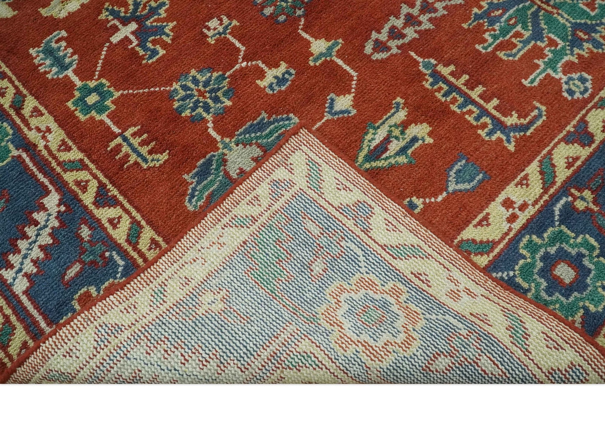 Traditional Floral Red, Blue, Beige and Green Hand Knotted Medallion Custom Made wool Area Rug.