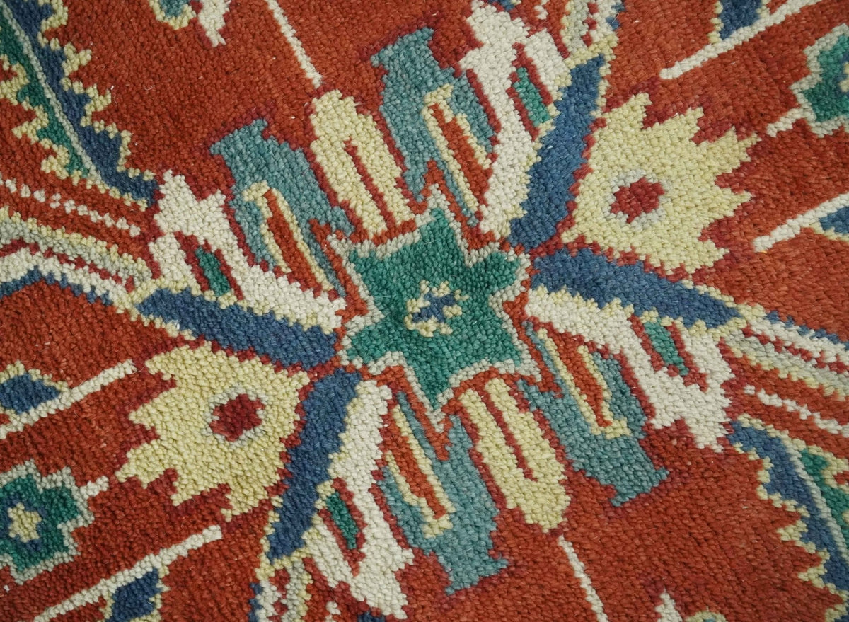 Traditional Floral Red, Blue, Beige and Green Hand Knotted Medallion Custom Made wool Area Rug.