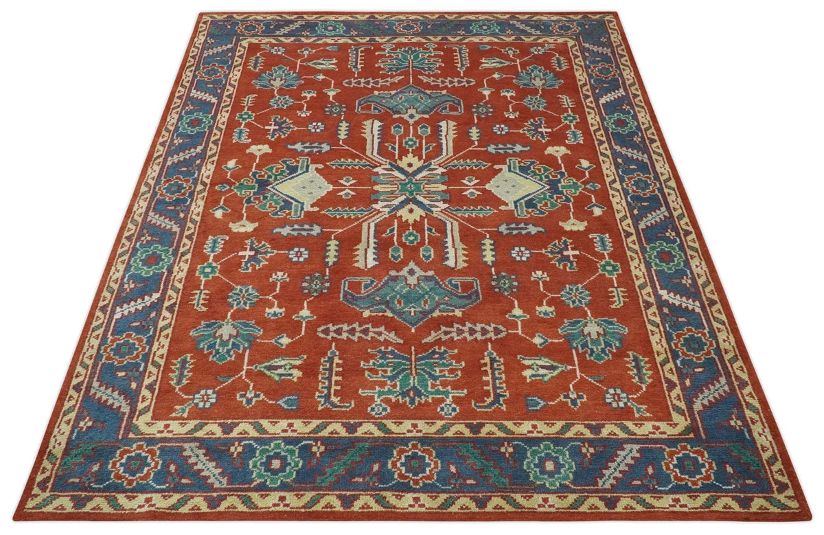 Traditional Floral Red, Blue, Beige and Green Hand Knotted Medallion Custom Made wool Area Rug.