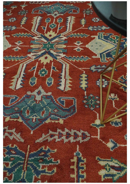 Traditional Floral Red, Blue, Beige and Green Hand Knotted Medallion Custom Made wool Area Rug.