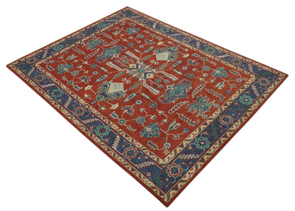 Traditional Floral Red, Blue, Beige and Green Hand Knotted Medallion Custom Made wool Area Rug.