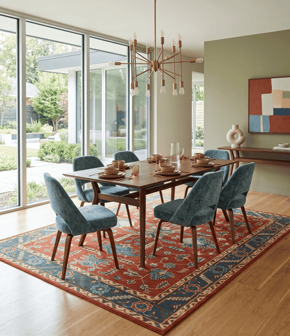 Traditional Floral Red, Blue, Beige and Green Hand Knotted Medallion Custom Made wool Area Rug.