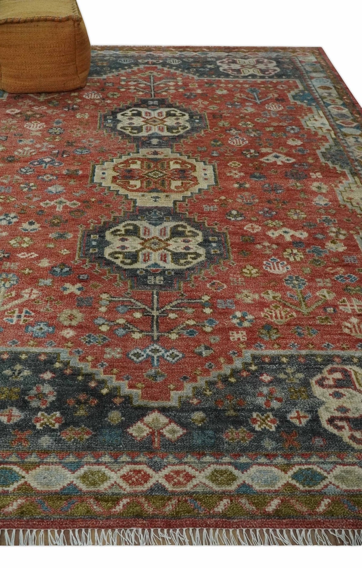 Traditional floral Rust, Charcoal and Beige Mamluk design Custom Made wool Area Rug.