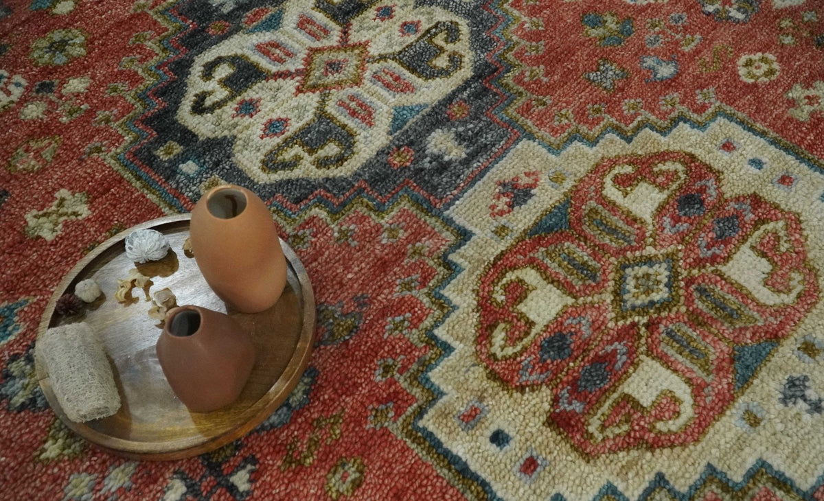 Traditional floral Rust, Charcoal and Beige Mamluk design Custom Made wool Area Rug.