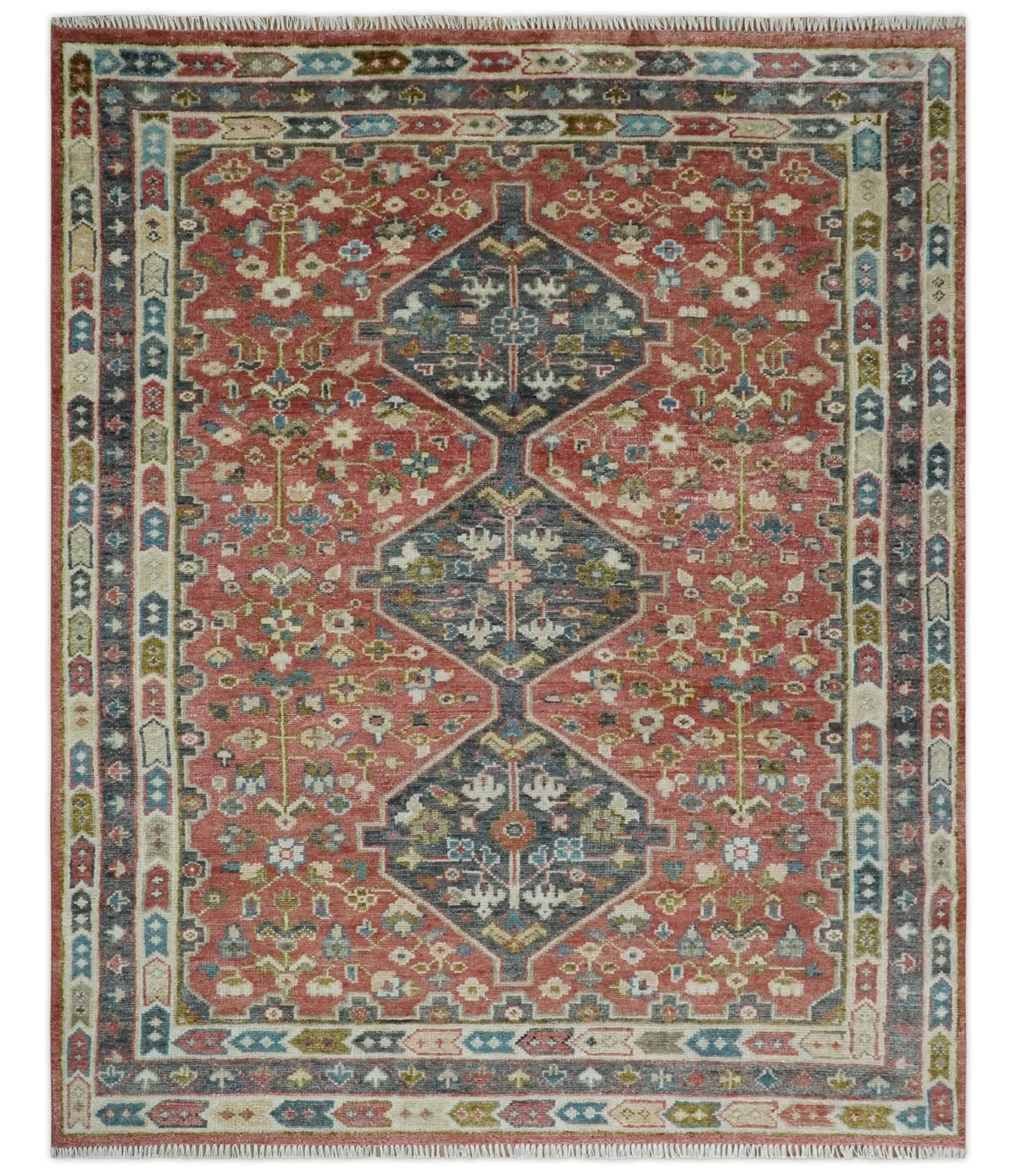 Traditional Floral Rust, Charcoal and Ivory Hand knotted Custom Made wool Area Rug.