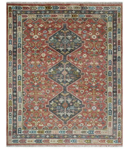 Traditional Floral Rust, Charcoal and Ivory Hand knotted Custom Made wool Area Rug.