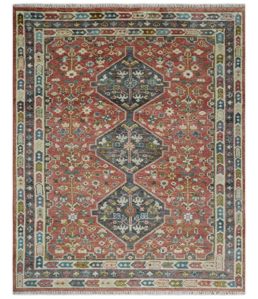 Traditional Floral Rust, Charcoal and Ivory Hand knotted Custom Made wool Area Rug.
