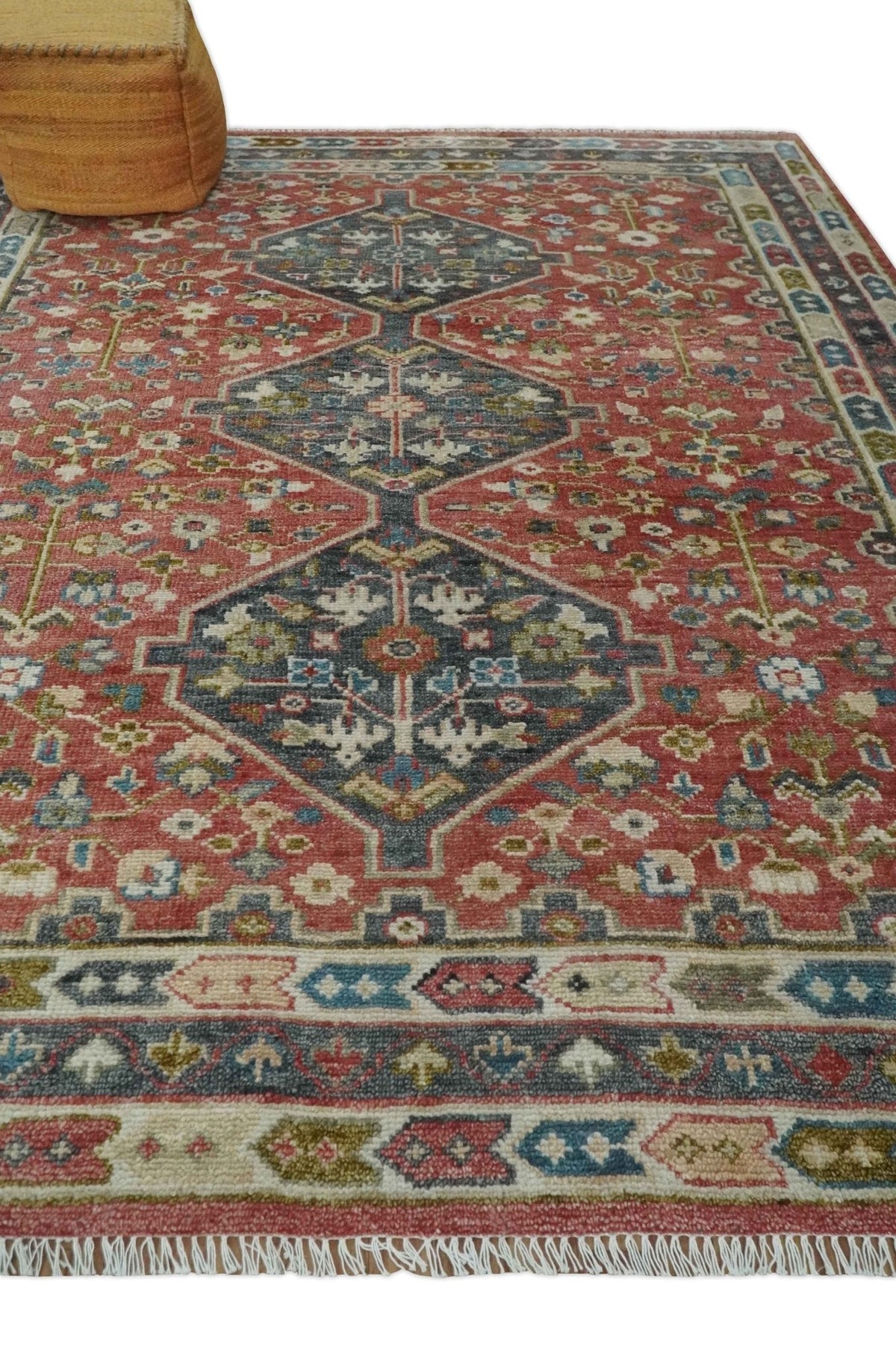 Traditional Floral Rust, Charcoal and Ivory Hand knotted Custom Made wool Area Rug.