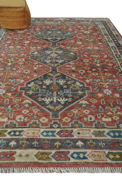 Traditional Floral Rust, Charcoal and Ivory Hand knotted Custom Made wool Area Rug.