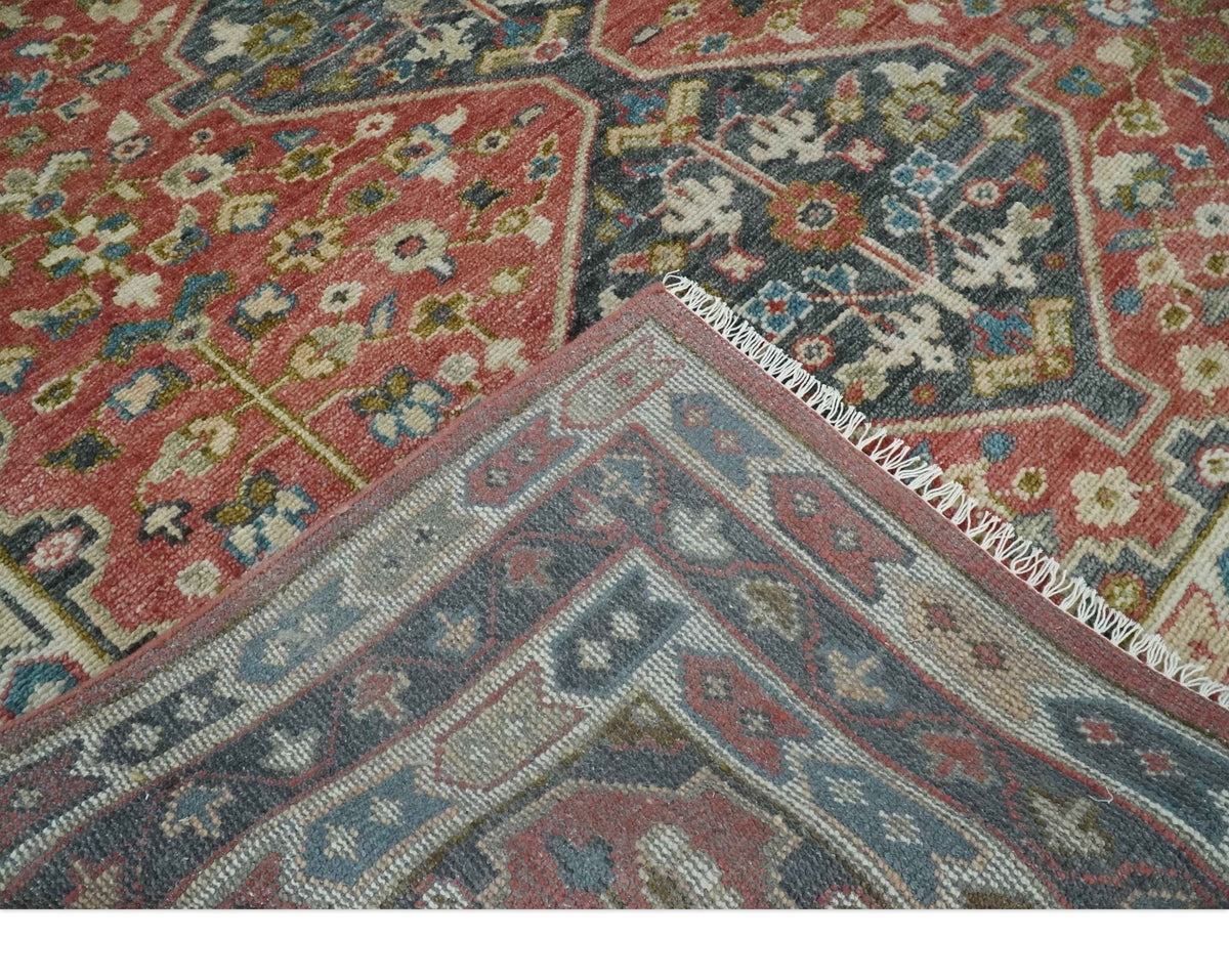 Traditional Floral Rust, Charcoal and Ivory Hand knotted Custom Made wool Area Rug.