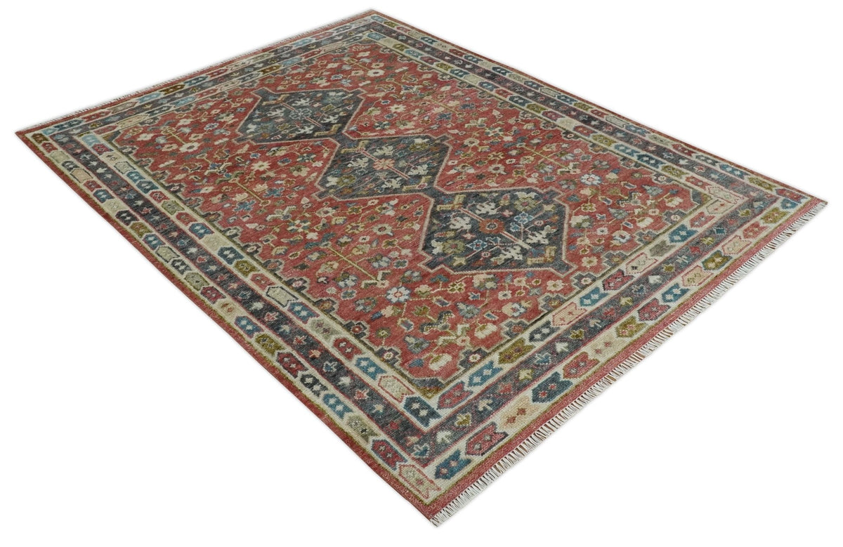 Traditional Floral Rust, Charcoal and Ivory Hand knotted Custom Made wool Area Rug.