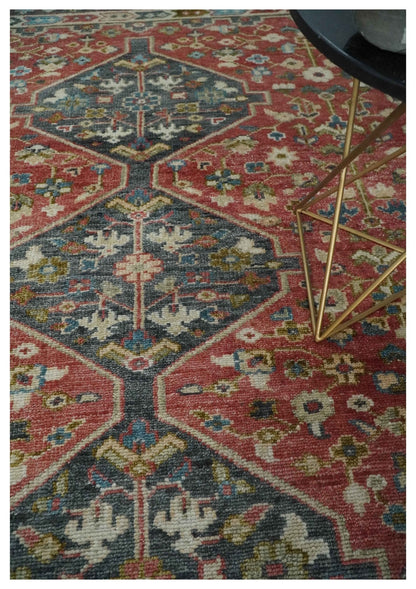 Traditional Floral Rust, Charcoal and Ivory Hand knotted Custom Made wool Area Rug.