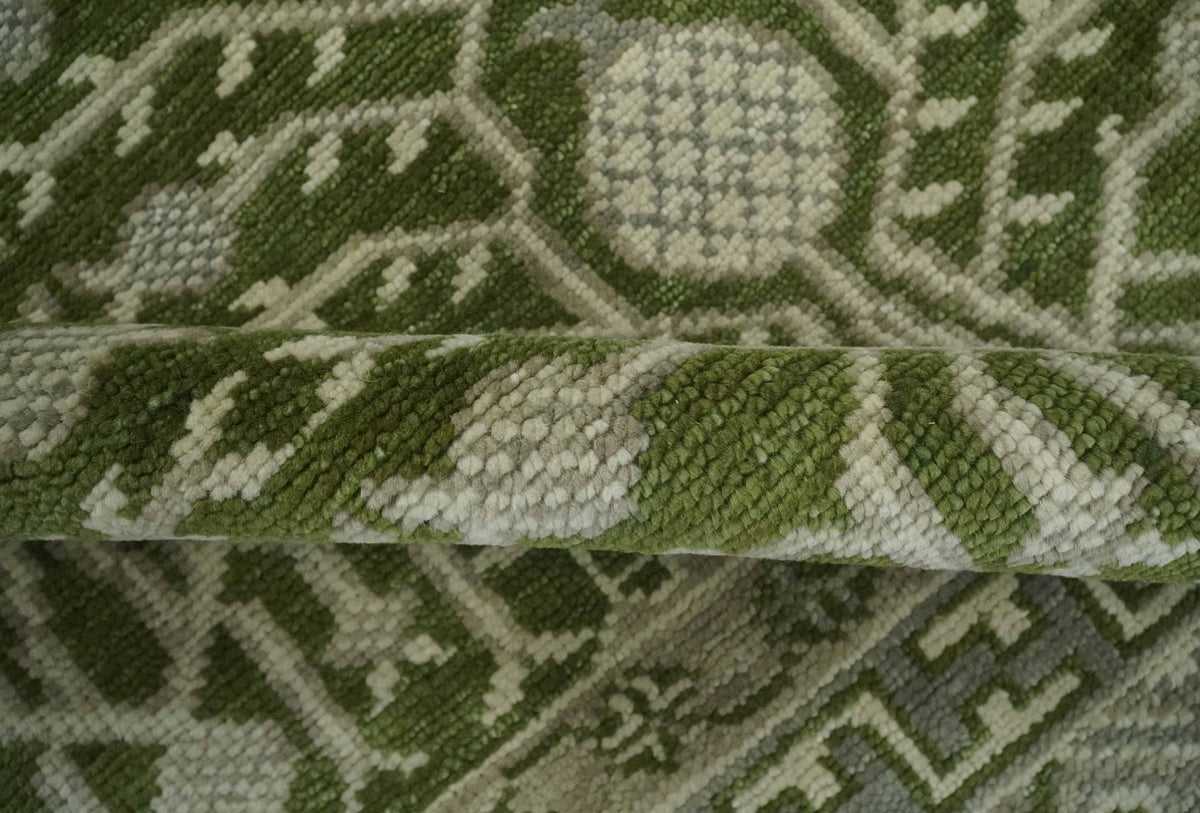 Traditional Hand knotted Royal Green and Ivory Turkish Design wool Area Rug.