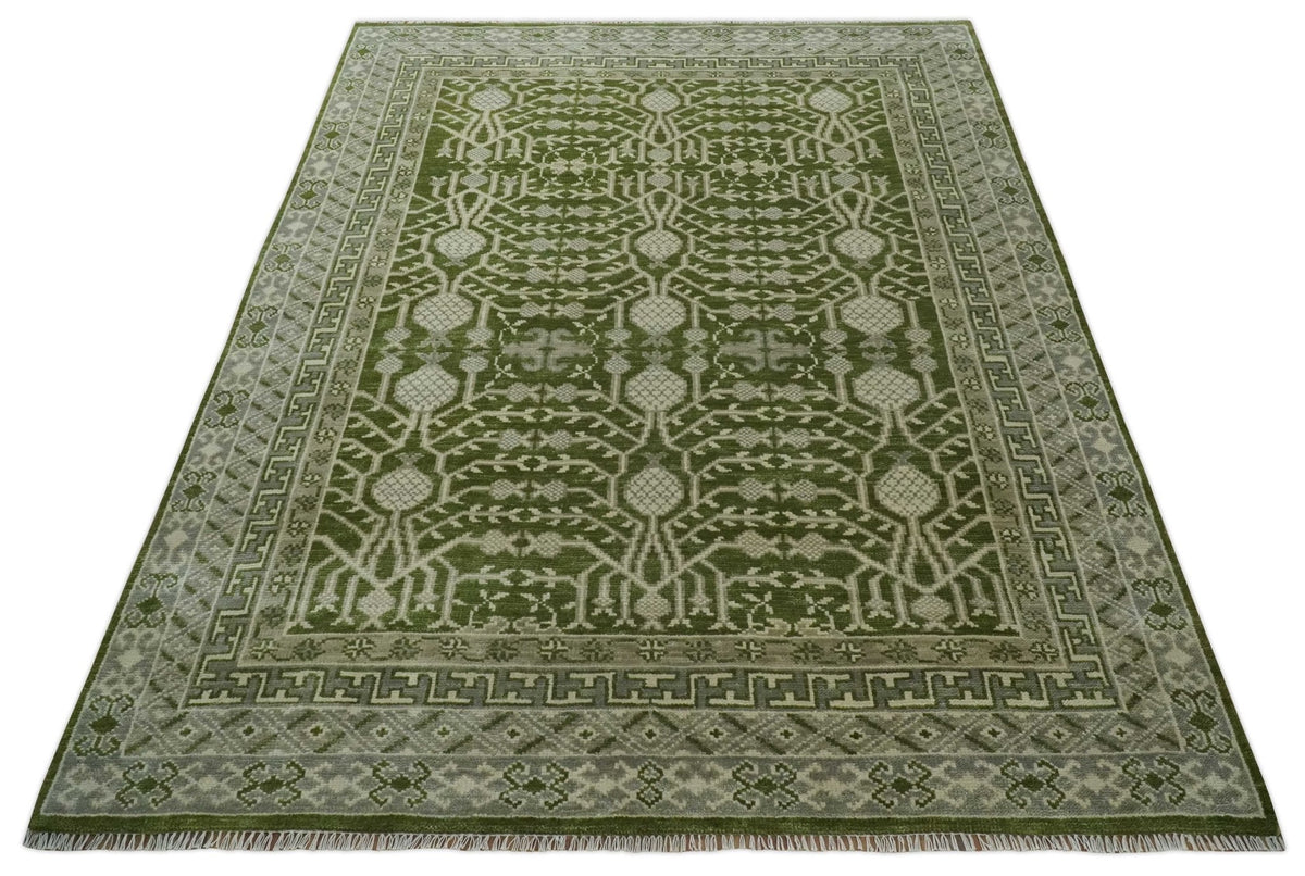 Traditional Hand knotted Royal Green and Ivory Turkish Design wool Area Rug.