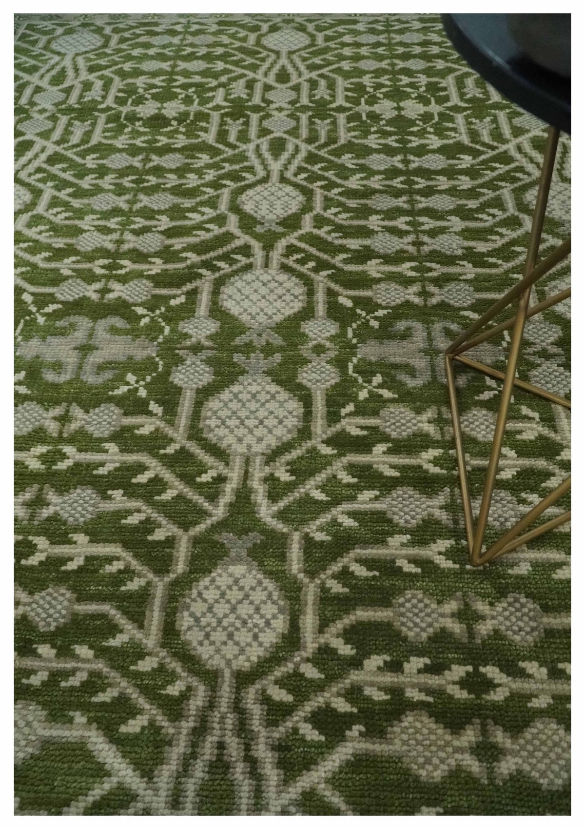 Traditional Hand knotted Royal Green and Ivory Turkish Design wool Area Rug.