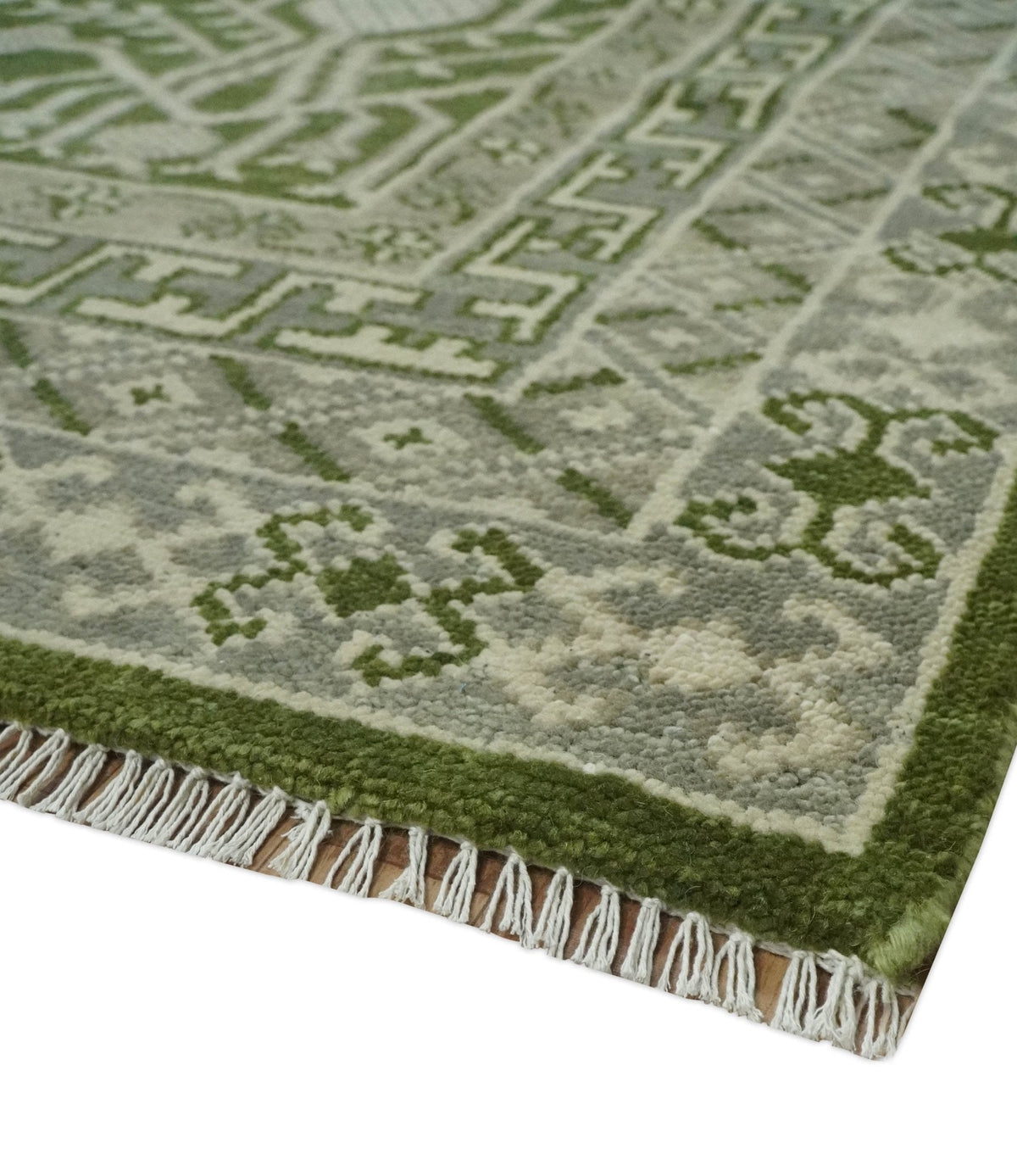Traditional Hand knotted Royal Green and Ivory Turkish Design wool Area Rug.