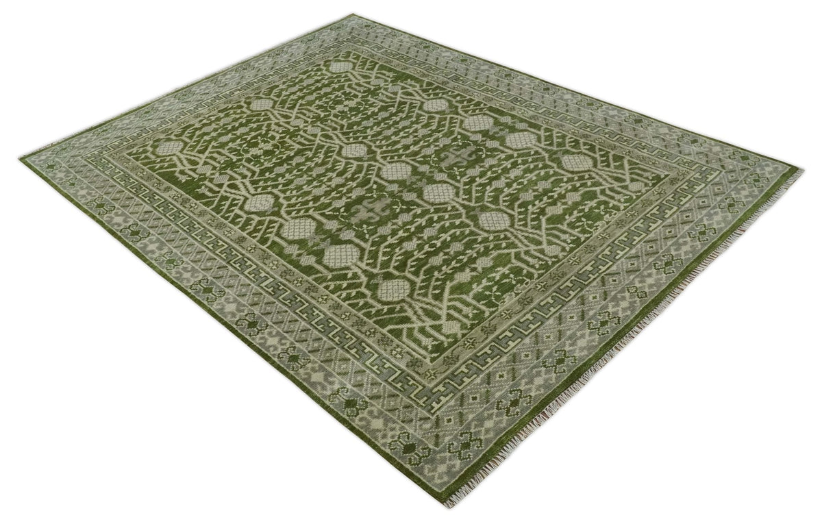 Traditional Hand knotted Royal Green and Ivory Turkish Design wool Area Rug.