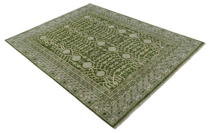 Traditional Hand knotted Royal Green and Ivory Turkish Design wool Area Rug.