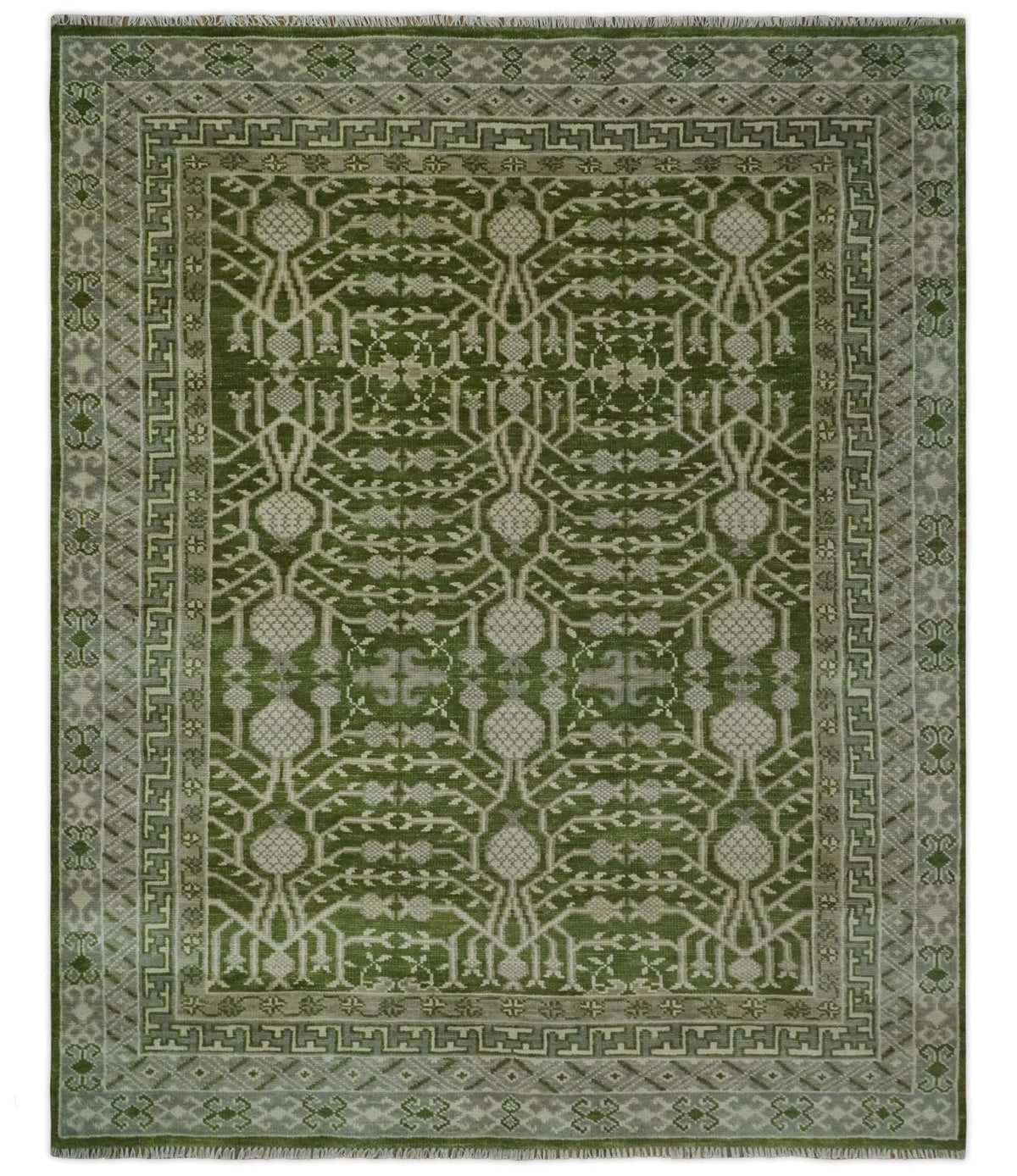 Traditional Hand knotted Royal Green and Ivory Turkish Design wool Area Rug.