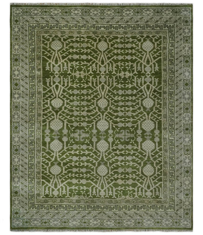 Traditional Hand knotted Royal Green and Ivory Turkish Design wool Area Rug.