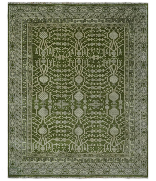 Traditional Hand knotted Royal Green and Ivory Turkish Design wool Area Rug.