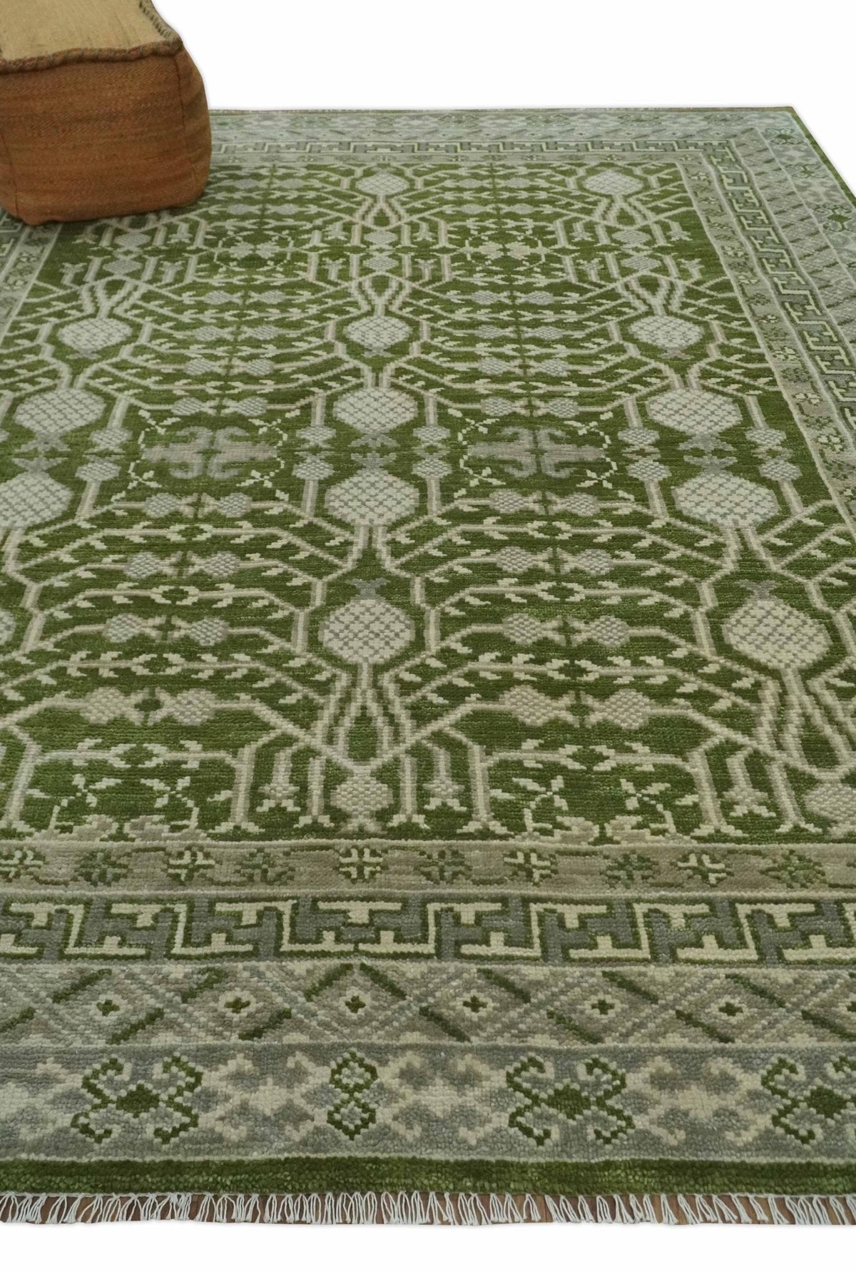 Traditional Hand knotted Royal Green and Ivory Turkish Design wool Area Rug.