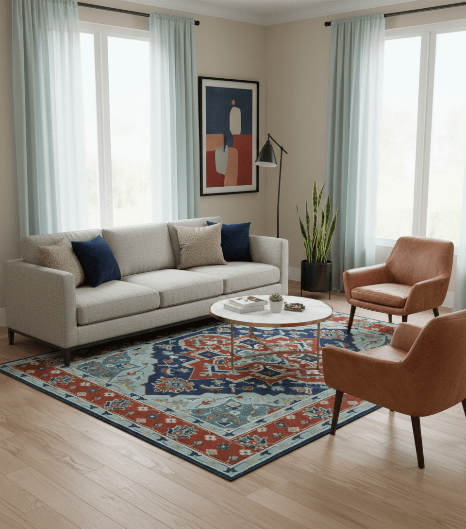 Traditional Heriz Brown, Blue and Gray Hand Knotted Custom Made Wool Area Rug.