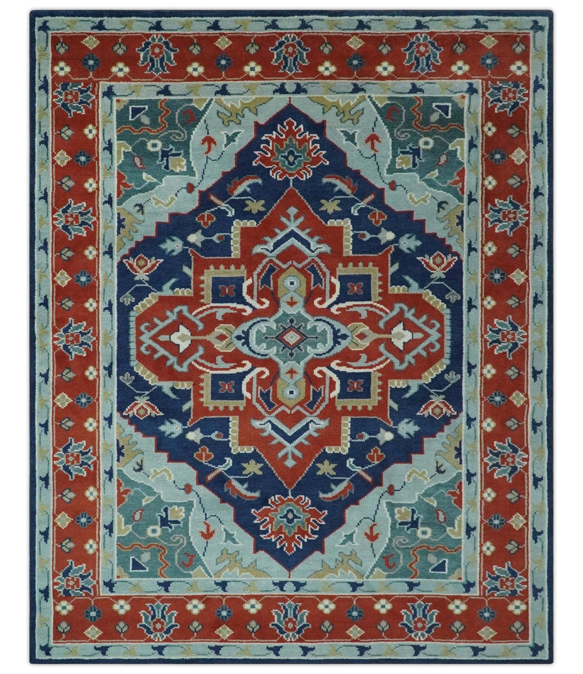 Traditional Heriz Brown, Blue and Gray Hand Knotted Custom Made Wool Area Rug.