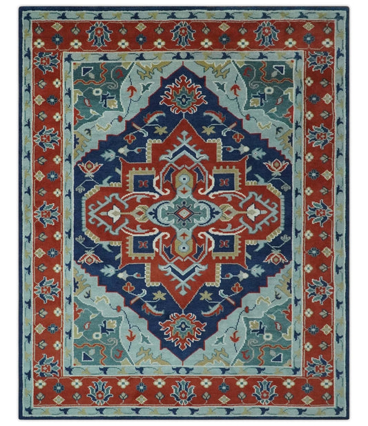 Traditional Heriz Brown, Blue and Gray Hand Knotted Custom Made Wool Area Rug.