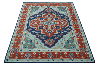Traditional Heriz Brown, Blue and Gray Hand Knotted Custom Made Wool Area Rug.