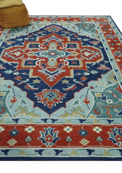 Traditional Heriz Brown, Blue and Gray Hand Knotted Custom Made Wool Area Rug.