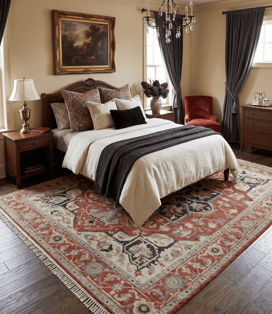 Traditional Heriz Rust And Beige Hand Knotted Wool Area Rug.