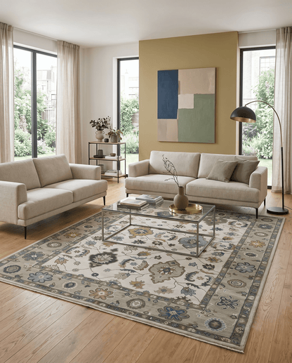 Traditional Ivory and Beige Hand Knotted Oriental Oushak Wool Area Rug.
