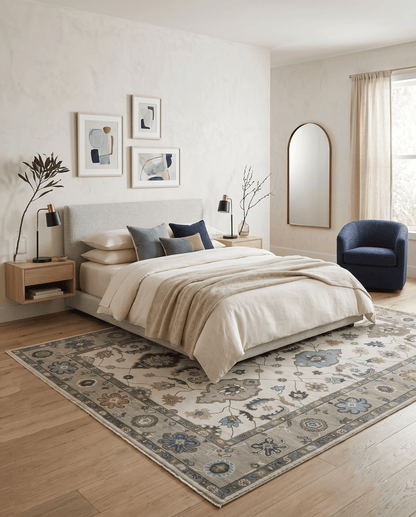 Traditional Ivory and Beige Hand Knotted Oriental Oushak Wool Area Rug.