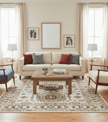 Traditional Mamluk design Ivory, Rust and Olive Hand knotted Multi Size wool rug.