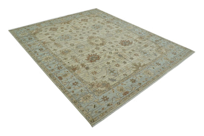 Traditional Oushak  Beige, Brown And Blue Hand Knotted Custom Made Wool rug.